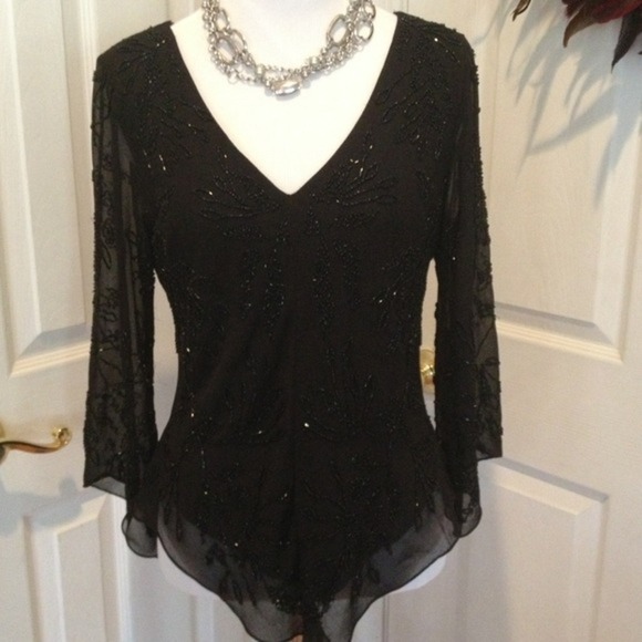 DressBarn Black beaded top w sheer beaded sleeves - Picture 1 of 6